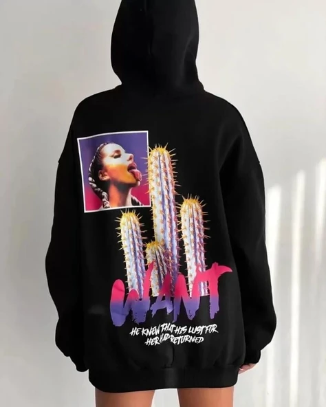 Baskılı Üç İplik Kapüşonlu Oversize Sweatshirt - Siyah - Resim 2