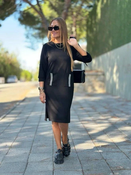 Kadın Viskon Pamuklu Kumaş Kol File , şerit Ve Cep Detaylı Elbise - Resim 3