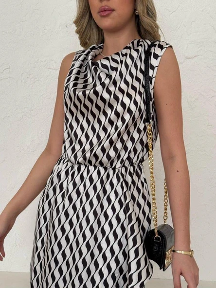 Kadın Degaje Yaka önden çapraz Detay Saten Midi Elbise - Resim 5