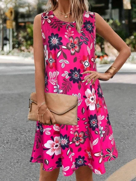 Kadın Askılı Yuvarlak Yaka Desenli A Kesim Süprem Elbise ürün görseli