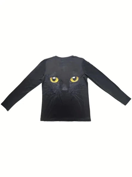 Kadın Uzun Kollu Bisiklet Yaka Kedi Desenli Süprem Bluz - Resim 4