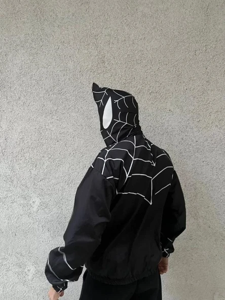 Unisex Uzun Kollu Kapşonlu Rüzgarlik - Siyah - Resim 2