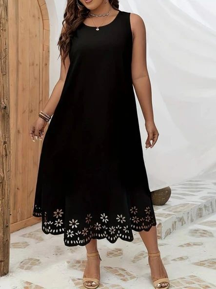 Kadın Kolsuz Etek Ucu Lazer Kesim çiçek Desenli Midi Boy Janjan Krep Elbise - Resim 8