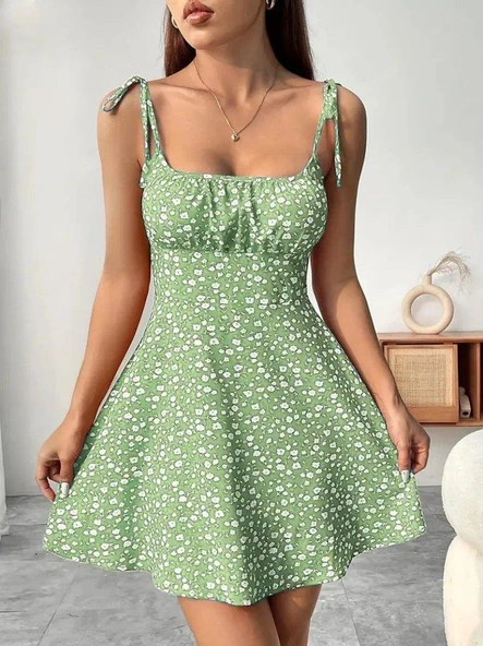 Kadın Askılı Büzgü Detaylı Kare Yaka çiçek Desenli Mini Süprem Elbise - Resim 2