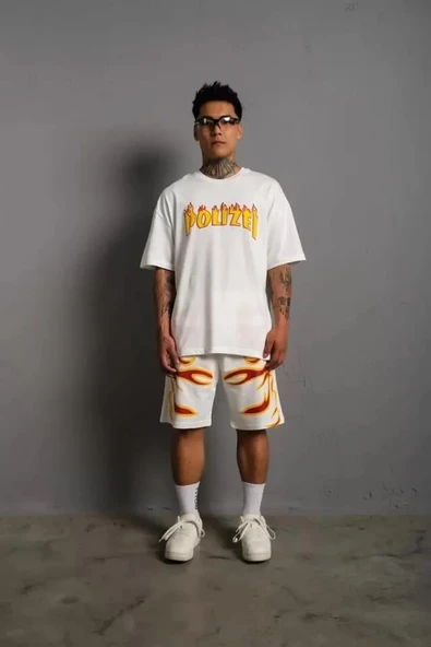 Erkek Alev Baskılı İkili Şortlu Takım - Beyaz ürün görseli