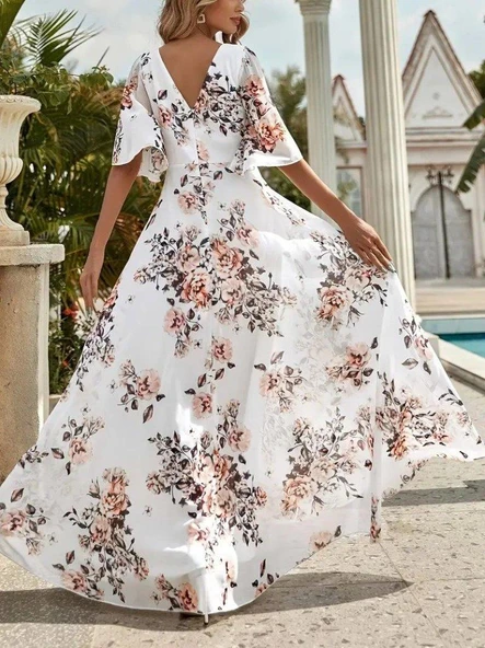 Kadın Kısa Kollu V Yakalı çiçek Desenli Süprem Elbise - Resim 4