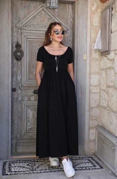 Kadın Kısa Kollu Yuvarlak Yaka önden Yırtmaçlı Cepli Viskon Uzun Elbise - Resim 3