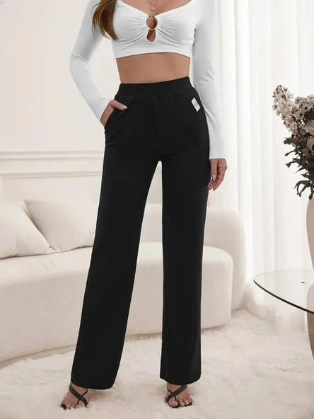 Kadın Yüksek Bel Cepli Geniş Kesim Ithal Krep Pantolon - Resim 5