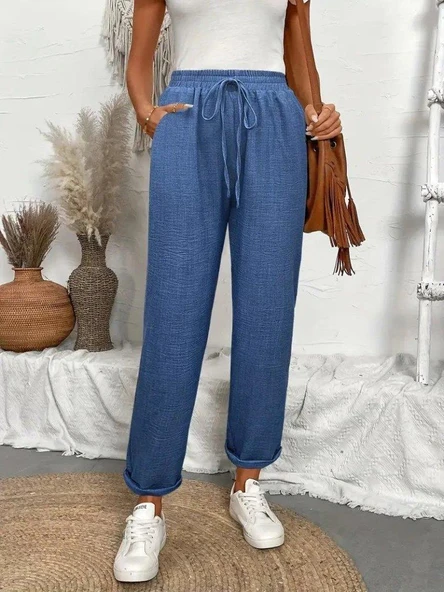 Kadın Yüksek Bel Lastikli Belde Bağcık Detaylı Aerobin Pantolon - 3