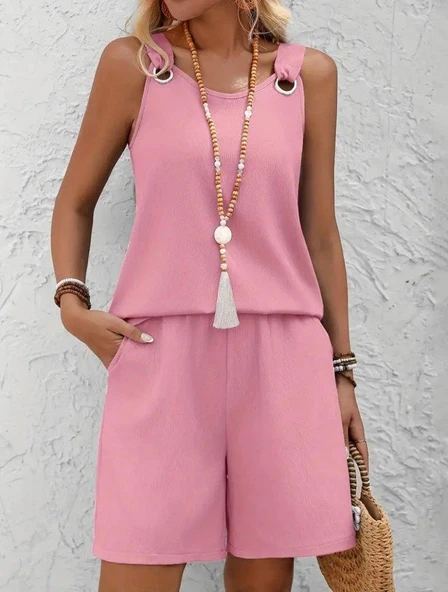 Kadın Askılı Yuvarlak Yaka Kuş Gözü Detaylı Bürümcük Bluz Ve Short Ikili Takım - Resim 4