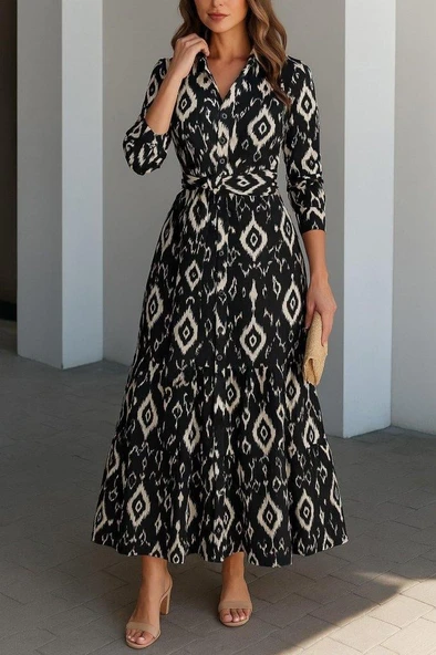 Kadın Uzun Kollu Eteği Fırfırlı Beli Kuşaklı Trikoton Tam Boy Gömlek Elbise - Resim 3