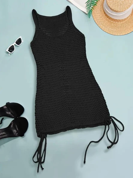 Kadın Askılı Eteği Büzgü Bağlama Detay Delikli örme Triko Pareo Elbise - Resim 4