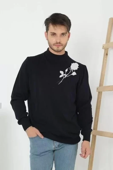 Baskılı Yarım Boğazlı Uzun Kol Dokuma Triko - Siyah ürün görseli