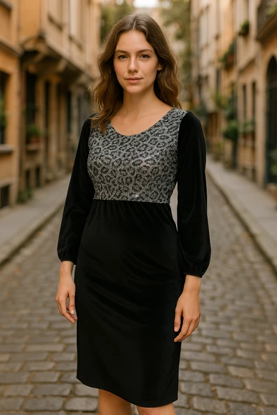 Kadın Fırsat ürünü Leopar Desen Pul Payet Işlemeli Midi Boy Kadife Kumaş Elbise ürün görseli