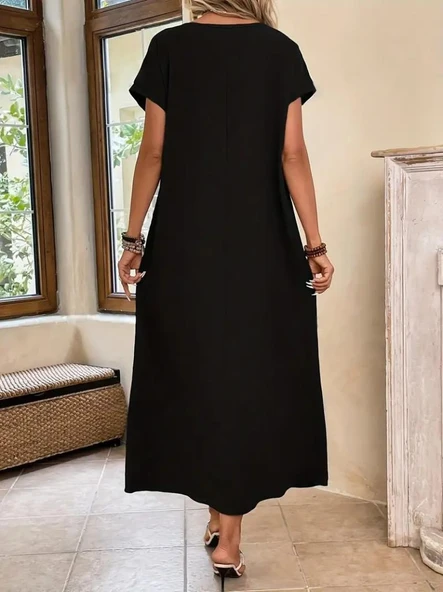 Kadın Uzun Kollu Yakası Açık Viskon Elbise - Resim 3