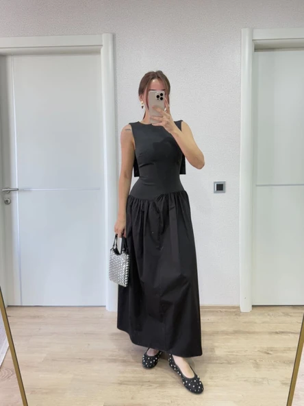 Arkası Kanatlı Uzun Elbise- Siyah - Resim 3