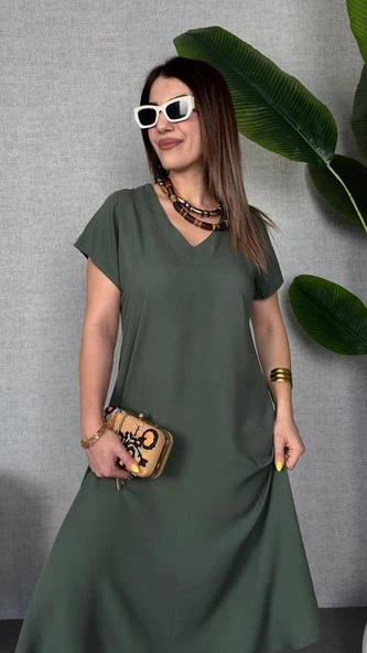 Kadın Kısa Kollu V Yaka Salaş Maxi Boy Elbise - Resim 3