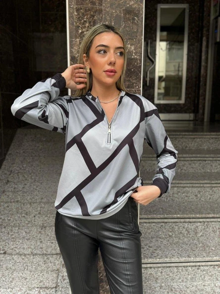 Kadın Uzun Kollu Yuvarlak Yaka Fermuarlı Desenli şardonlu Bluz - Resim 4