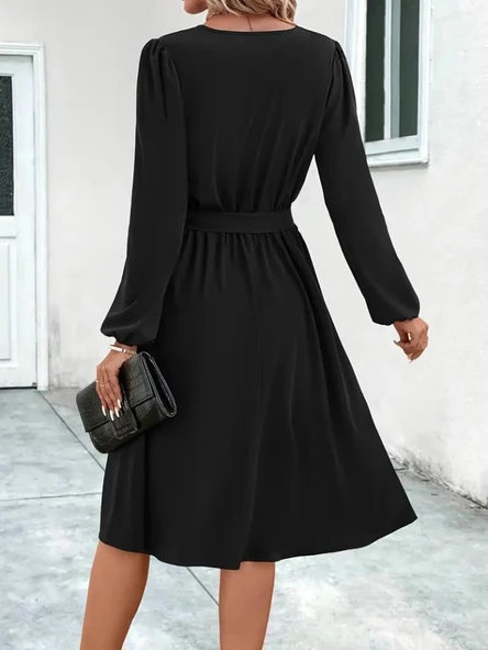 Kadın Uzun Kollu V Yakalı Belden Kuşaklı Kiloş Krep Elbise - Resim 3