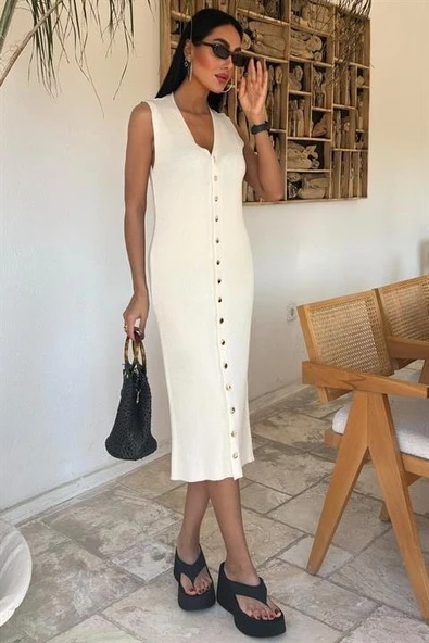 Önü Düğmeli Fitilli Kolsuz Elbise 2832 - Resim 5