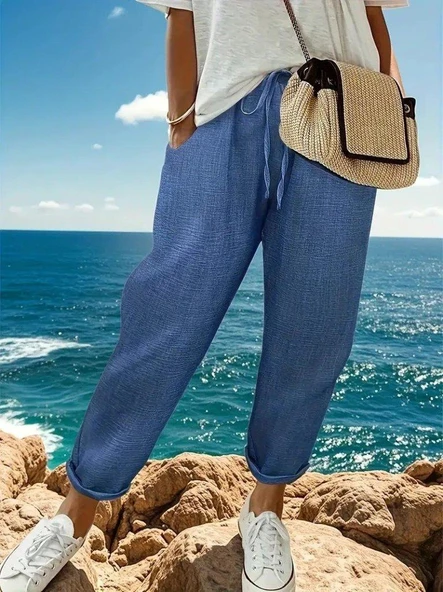 Kadın Yüksek Bel Lastikli Belde Bağcık Detaylı Aerobin Pantolon - 5