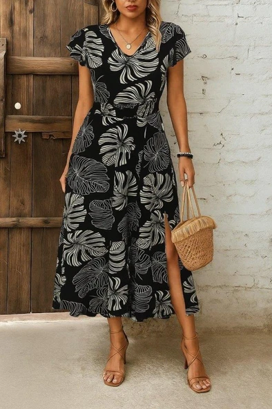 Kadın Kısa Kollu V Yakalı Desenli Yandan Yırtmaçlı Süprem Elbise - Resim 2