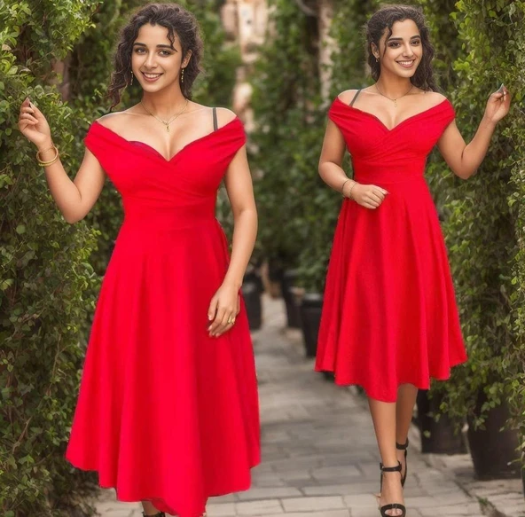 Kadın Kısa Kollu Kruvaze Yaka Eteği Volanlı Krep Elbise - Resim 6