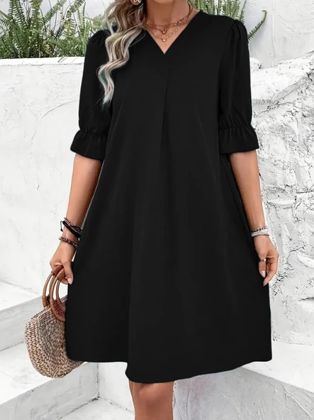 Kadın Kısa Kollu V Yakalı Salaş Janjan Krep Elbise - Resim 4