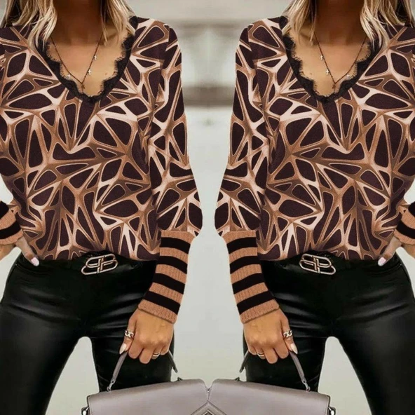 Kadın Uzun Kollu V Yaka Kenarları Güpür Detay şardonlu Dalgıç Bluz - Resim 3