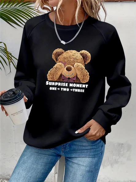 Kadın Uzun Kollu Bisiklet Yaka Ayıcık Desenli Viskon Iki Iplik Bluz ürün görseli