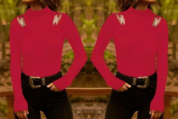 Kadın Uzun Kollu Omuz Dekolte Ve Aksesuar Detay Viskon Bluz - Resim 3