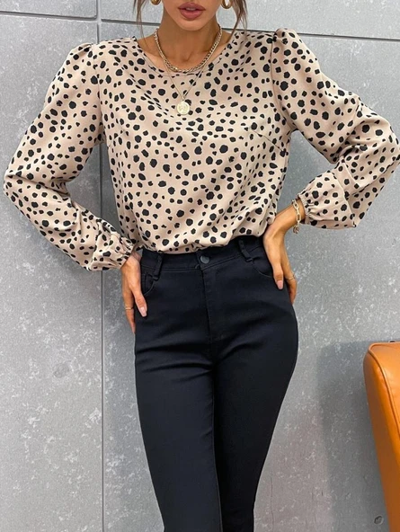 Kadın Uzun Kollu Bisiklet Yaka Desenli Bluz - Resim 4