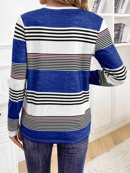 Kadın Uzun Kollu Bisiklet Yaka Düğme Detaylı Desenli Süprem Bluz - Resim 8