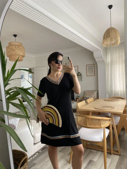 Kadın Kısa Kollu V Yakalı Etnik Desen şerit Detaylı Viskon Elbise - Resim 10