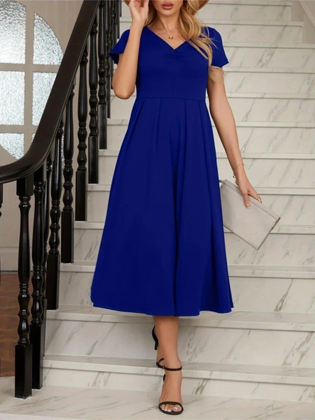 Kadın Kısa Kollu V Yakalı önden Pileli Midi Janjan Krep Elbise - Resim 3