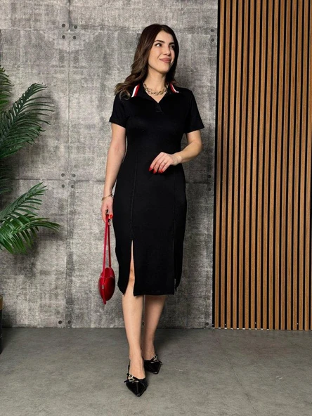 Kadın Yaka Ribanalı Çift Yırtmaçlı Elbise - Resim 2