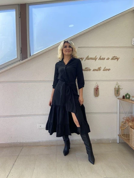 Kadın Uzun Kollu Eteği Fırfırlı Beli Kuşaklı Trikoton Tam Boy Gömlek Elbise - Resim 7