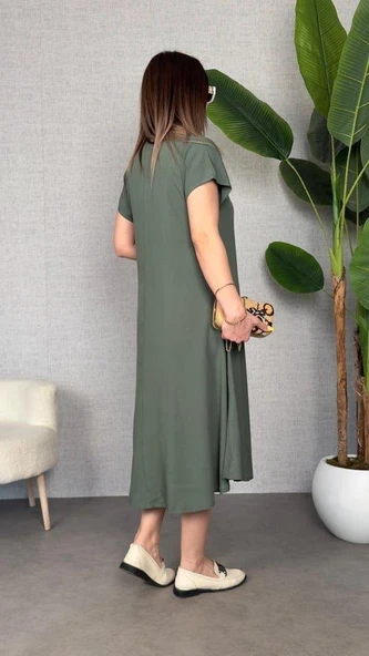 Kadın Kısa Kollu V Yaka Salaş Maxi Boy Elbise - Resim 4