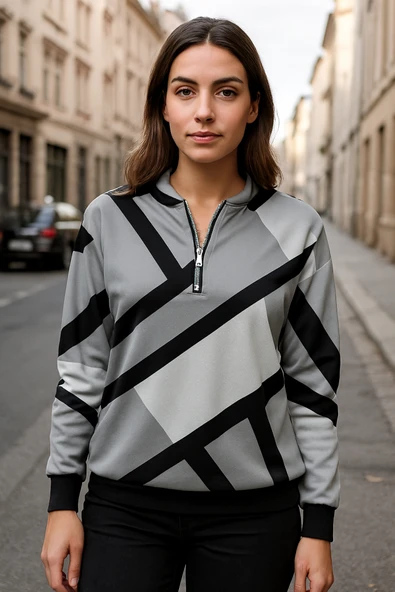 Kadın Uzun Kollu Yuvarlak Yaka Fermuarlı Desenli şardonlu Bluz ürün görseli