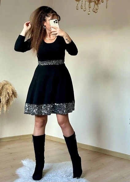 Kadın Bisiklet Yaka Beli Ve Eteği Pul Payet Detay Fırsat ürün Diz üstü Elbise - Resim 4