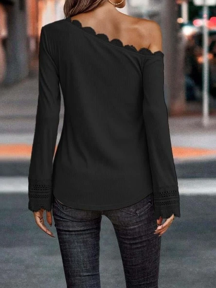 Kadın Uzun Kollu Tek Omuzu Açık Dantelli Burgu Bluz - Resim 3