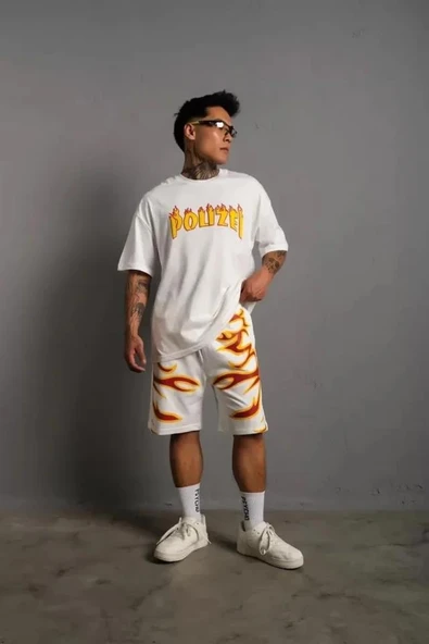 Erkek Alev Baskılı İkili Şortlu Takım - Beyaz - Resim 3