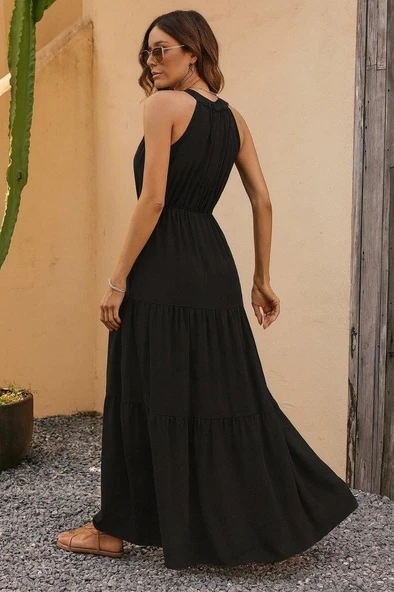 Kadın Kolsuz Halter Yaka Beli Lastiklidesenli Mikro Elbise - Resim 5