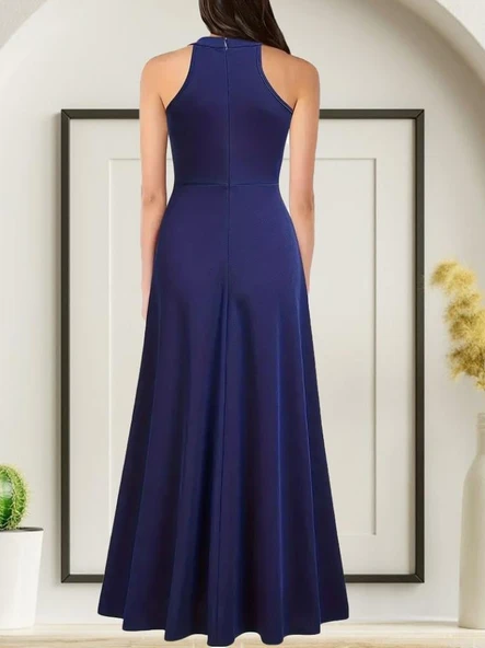 Kadın Halter Yaka Derin Yırtmaç Detaylı Tam Boy Janjan Krep Abiye Elbise - Resim 2