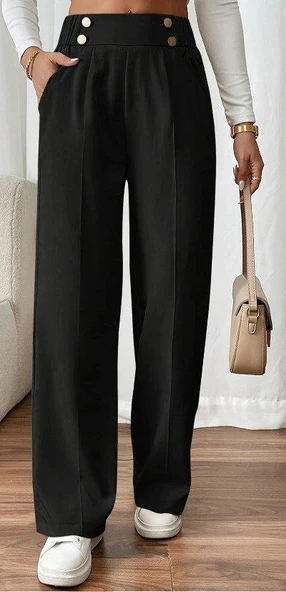 Kadın Beli Lastikli Düğmeli Ithal Krep Pantolon - 5