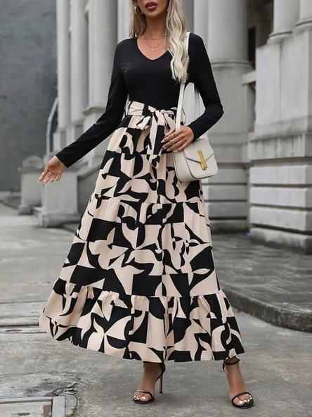 Kadın Uzun Kollu Bisiklet Yaka Uzun Elbise - Resim 3