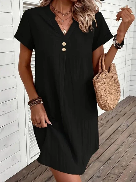 Kadın Kısa Kollu V Yakalı Düğmeli Müslim Kısa Elbise ürün görseli