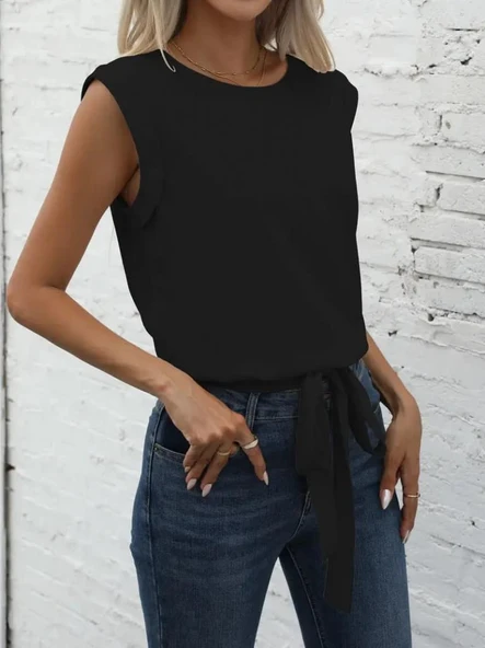 Kadın Sıfır Kol Etek Ucu Bağlama Detay Ithal Krep Bluz - Resim 2