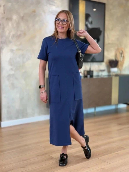 Kadın Kısa Kollu Bisiklet Yakalı Cepli önden Yırtmaçlı Viskon Iki Iplik Midi Elbise - Resim 4