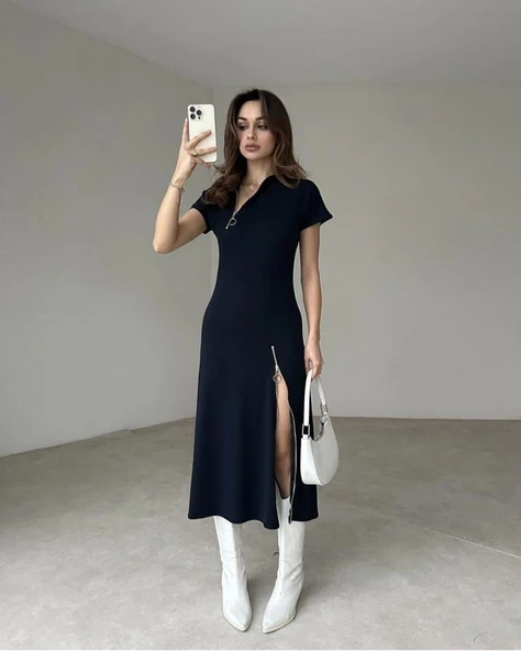 Kadın Kısa Kollu Yakadan Ve Etekten Fermuarlı Midi Viskon Iki Iplik Elbise - Resim 5